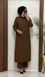 8811 K120 KAHVERENGİ garnili  tunik pantolon aerobın Kumaş ikili takım buyuk beden - 2