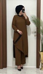8811 K120 KAHVERENGİ garnili  tunik pantolon aerobın Kumaş ikili takım buyuk beden - 3