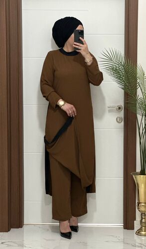 8811 K120 KAHVERENGİ garnili  tunik pantolon aerobın Kumaş ikili takım buyuk beden · 3