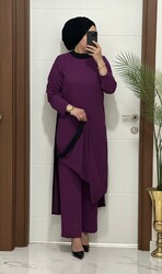 8811 K120 mürdüm garnili  tunik pantolon aerobın Kumaş  ikili takım buyuk beden - 1