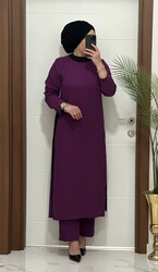 8811 K120 mürdüm garnili  tunik pantolon aerobın Kumaş  ikili takım buyuk beden - 2