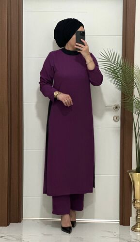 8811 K120 mürdüm garnili  tunik pantolon aerobın Kumaş  ikili takım buyuk beden · 2
