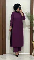 8811 K120 mürdüm garnili  tunik pantolon aerobın Kumaş  ikili takım buyuk beden - 3