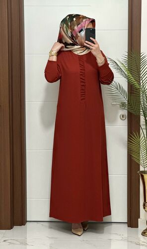 6212  K 80 KİREMİT önü büzgü detay fitilli burgu kumaş beden elbise yeni sezon · 2