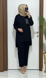 6699 K80 SİYAH LEOPAR CEP DETAYLI tunik pantolon KREP Kumaş ikili takım buyuk beden yeni sezon - 3