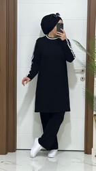 3336 K70 SİYAH şerit  DETAYLI tunik pantolon iki iplik Kumaş  ikili takım buyuk beden yeni sezon - 3