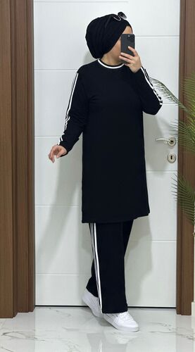 3336 K70 SİYAH şerit  DETAYLI tunik pantolon iki iplik Kumaş  ikili takım buyuk beden yeni sezon · 5
