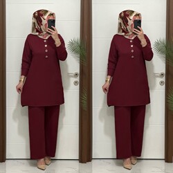 7044 K 90 bordo DÜĞMELİ fitilli burgu kumaş tunik pantolon takım buyuk beden yeni sezon - 1
