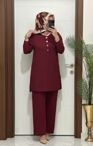 7044 K 90 bordo DÜĞMELİ fitilli burgu kumaş tunik pantolon takım  buyuk beden  yeni sezon · 2