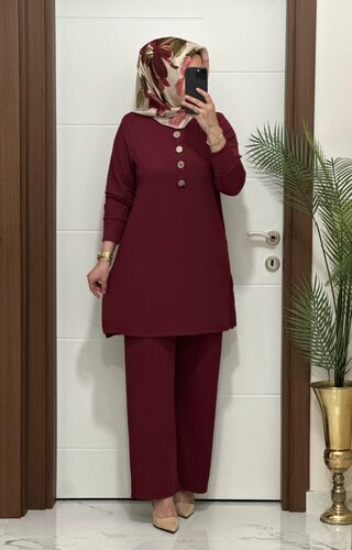 7044 K 90 bordo DÜĞMELİ fitilli burgu kumaş tunik pantolon takım  buyuk beden  yeni sezon · 3