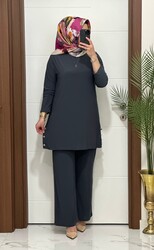 7045 K 110 GRİ sandy kumaş düğmelı  TUNİK PANTOLON TAKIM büyük beden yeni  sezon - 3