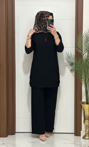 7045 K 110 SİYAH sandy kumaş düğmelı  TUNİK PANTOLON TAKIM büyük beden yeni  sezon