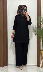 7045 K 110 SİYAH sandy kumaş düğmelı  TUNİK PANTOLON TAKIM büyük beden yeni  sezon - 2