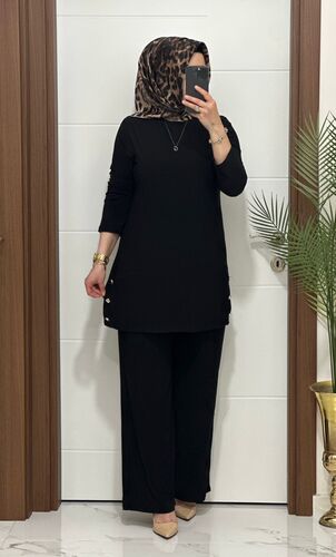 7045 K 110 SİYAH sandy kumaş düğmelı  TUNİK PANTOLON TAKIM büyük beden yeni  sezon - 2