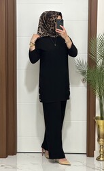 7045 K 110 SİYAH sandy kumaş düğmelı  TUNİK PANTOLON TAKIM büyük beden yeni  sezon - 3