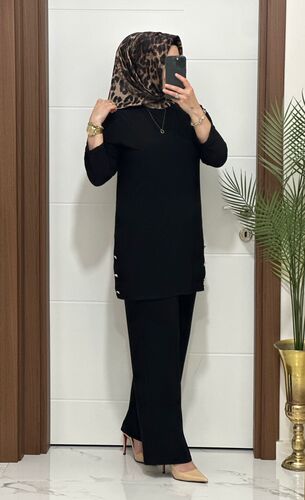 7045 K 110 SİYAH sandy kumaş düğmelı  TUNİK PANTOLON TAKIM büyük beden yeni  sezon - 3