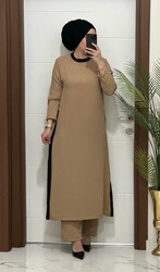 8811 K120 camel garnili  tunik pantolon aerobın Kumaş  ikili takım buyuk beden - 3